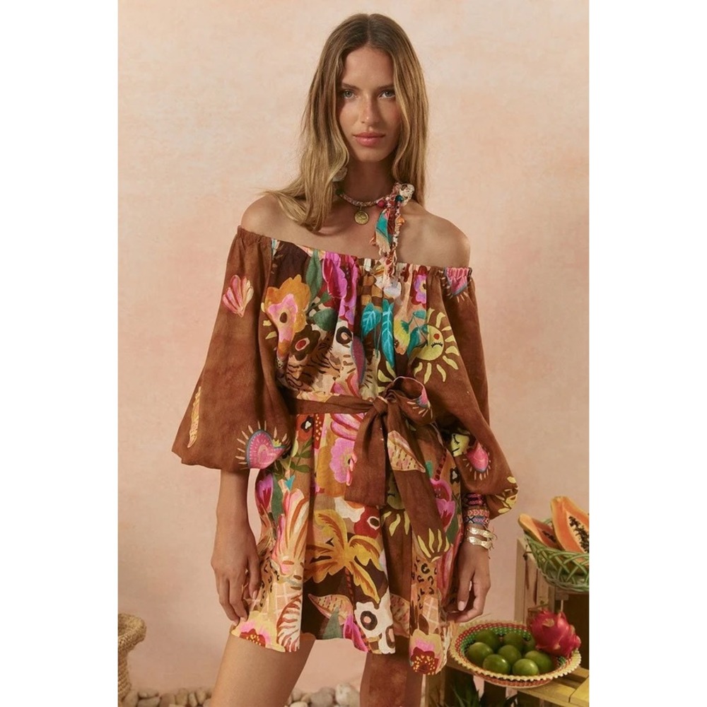 Spell Utopia Off Shoulder Mini Dress Brown Tropical Floral Tiger NWT